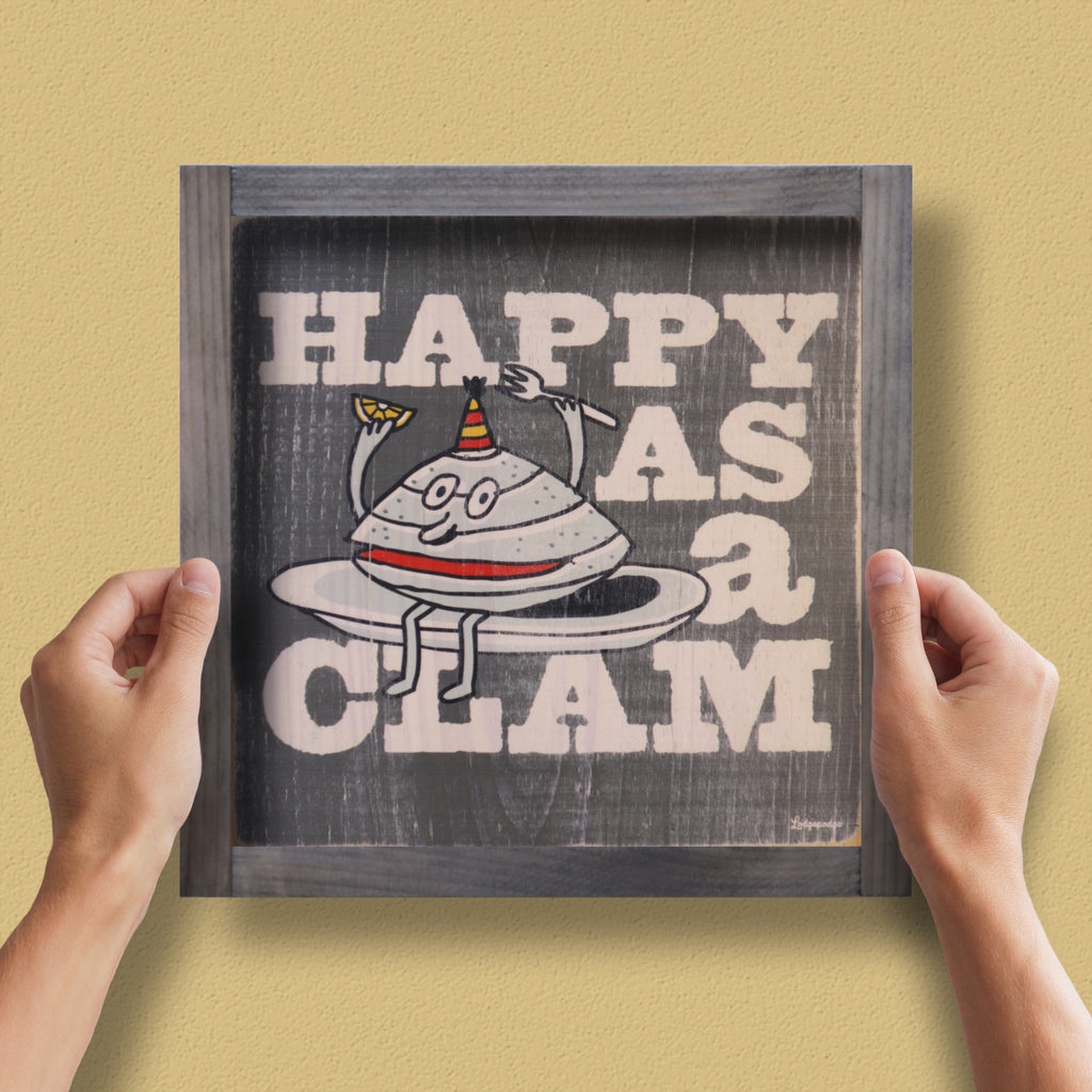 happy clam wood sign
